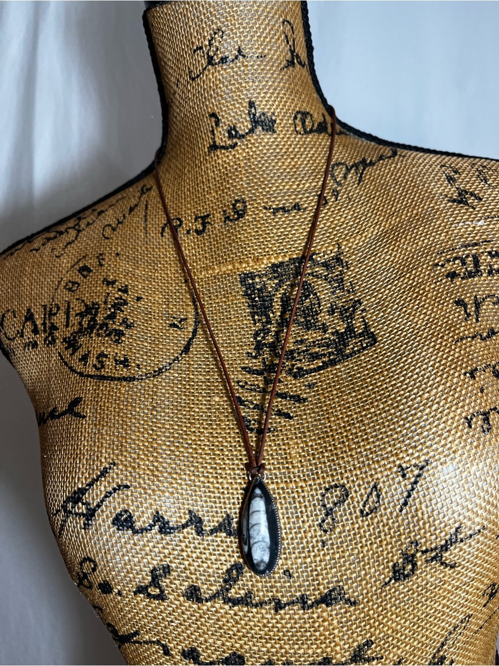 Sterling Silver 925 Orthoceras Fossil Teardrop Leather Cord Pendant Necklace